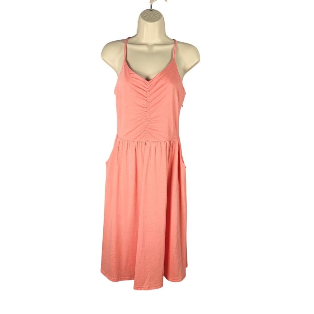 Yathon Sundress Medium Coral A-line Spaghetti Strap Pocket Viscose Gathered Bust